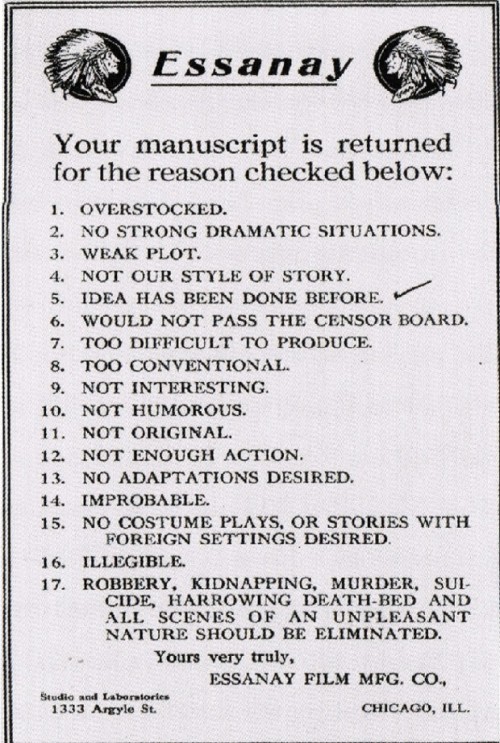 A 1922 Script rejection notice from   Essanay Films. 